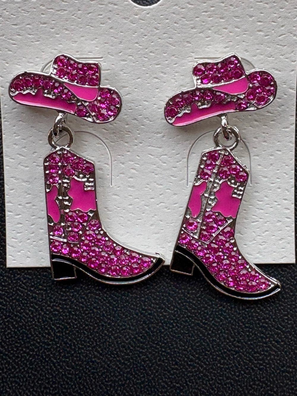 Pink Rhinestone Cowboy Boot & Hat Dangle Earrings